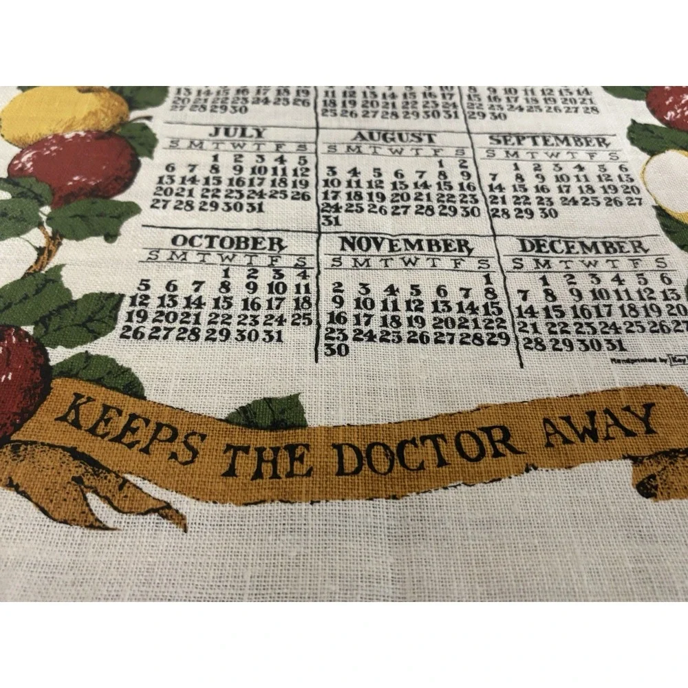 1975 Vintage MCM Linen Calendar Tea Towel Wall Hanging Country Apples Folk Art